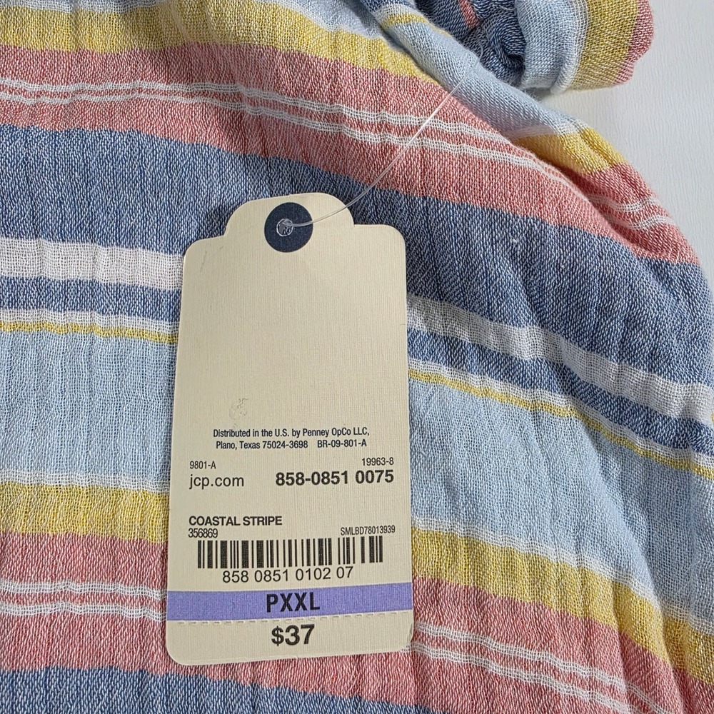 St John's Bay Coastal Stripe V-Neck Cotton Gauze Blouse PXXL Blue Pink Yellow - Picture 6 of 8